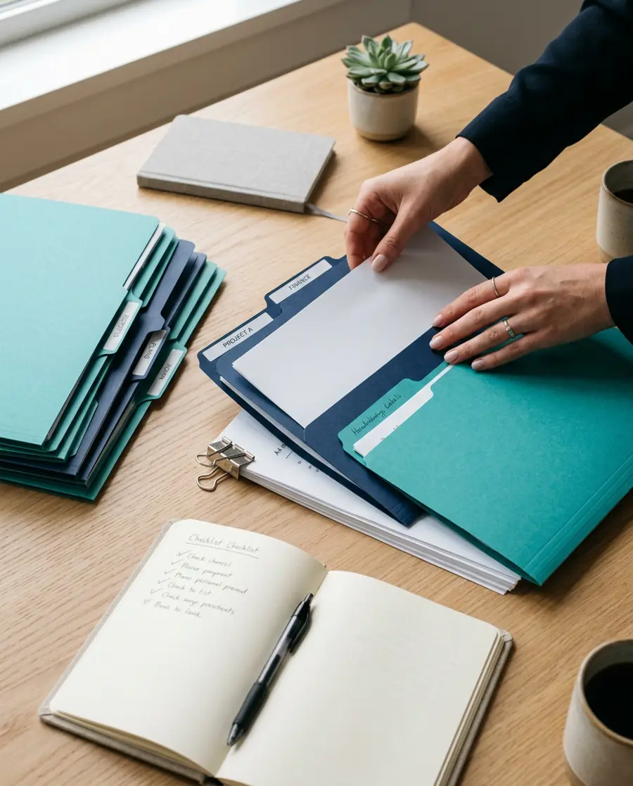 Business documents being sorted into labeled navy and teal folders