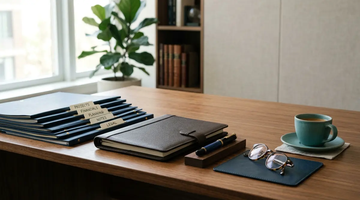 Neatly organized navy file folders on an executive desk